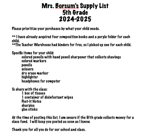 Mrs. Borsum's Supply List 